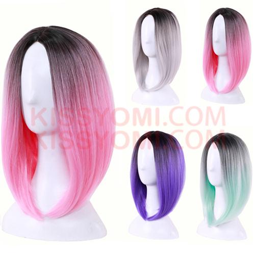 Cosplay Wig Short Bob Hair Wigs Side Bang Wig for Black Ombre Colorful Women Heat Resistant Wig