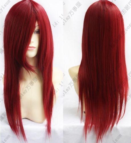 Smooth Soft Red Straight Bangs Women Hair Full Wig Anime Cosplay Long Wig