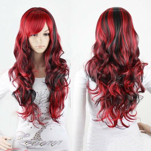 Fashion Black Mix Red Wig Long Wavy Curly Hair Women Cosplay Full Wigs