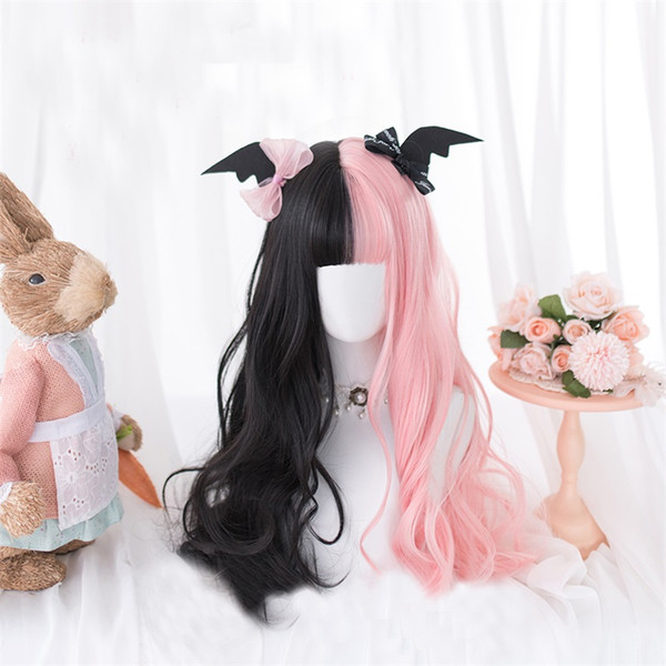 For USA ONLY Lolita 60CM Long Wavy Black Mixed Pink Ombre Bangs Cute Synthetic Heat Resistant Cosplay Party Wig+Free Cap