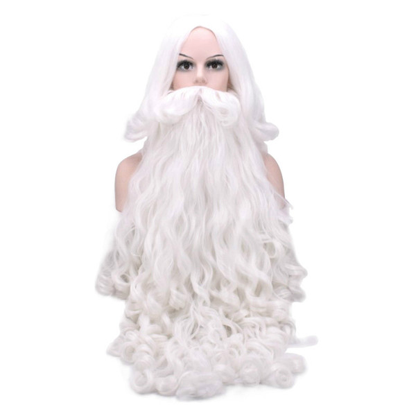 Santa Claus Long Wavy Wig White Santa Claus beard set Fancy High Temperature Fiber Cosplay wig