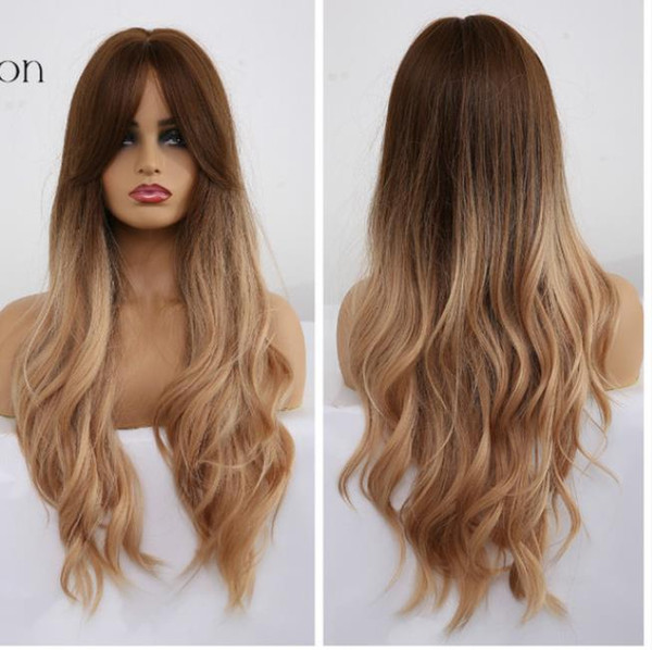 Ombre Wavy Wigs Black Brown Blonde Middle Part Cosplay Synthetic Wigs with Bangs For Women Long Hair Wigs Fake Hair