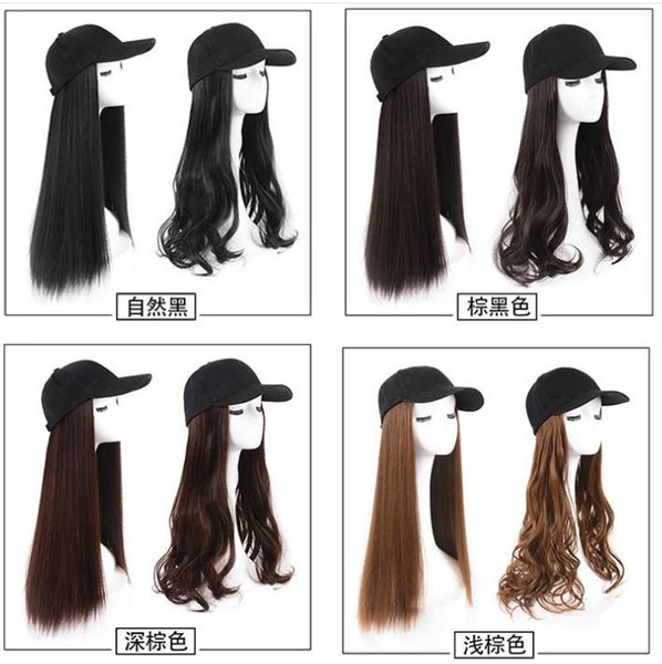 Baseball Cap with Synthetic Hair Brown Black Gray Long Curly Hair with Baseball Cap Female Wig