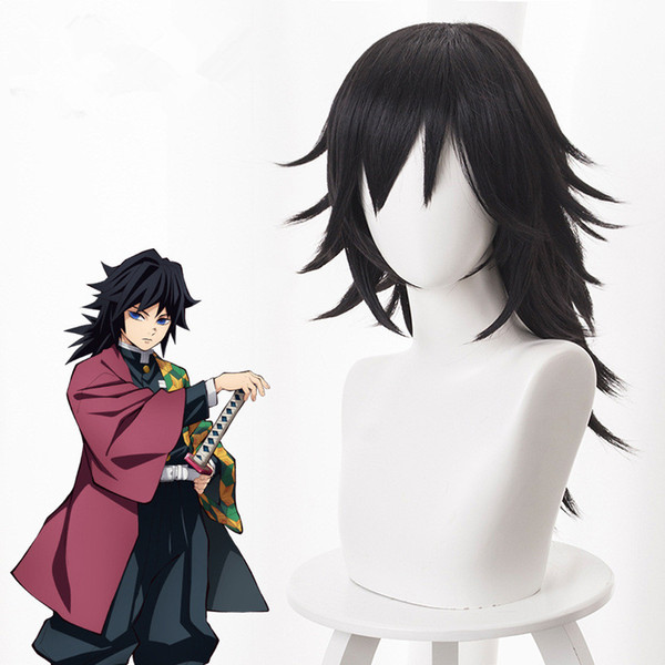 HOT Demon Slayer Cos Synthetic Wig Cosplay Tomioka Giyuu of Kimetsu No Yaiba Black Color Human Hair Wigs