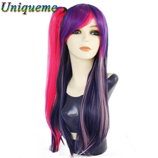 Cosplay Wig Heat Resistant Fiber Synthetic Hair Wigs Red Pink Purple Blue Mix Color For American African Women Kanekalon Long Wavy Hair