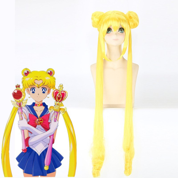 Z&F Pretty Soldier Sailor Moon Usagi Tsukino Long Cosplay Wig Yellow Color Bunches Cosplay Wig Tails Lolita Halloween Christmas Costume