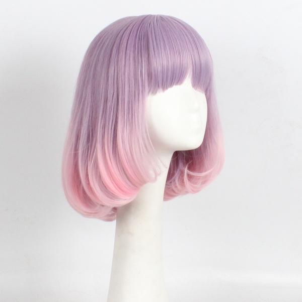 New Lolita Harajuku Blue Ombre Pink Full Wig Medium long pear wavy curly Heat Resistant wigs