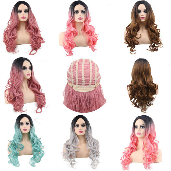 Hot long curly hair wigs Europe and America cosplay wig female middle color dyed hair set anime party chemical fiber A03