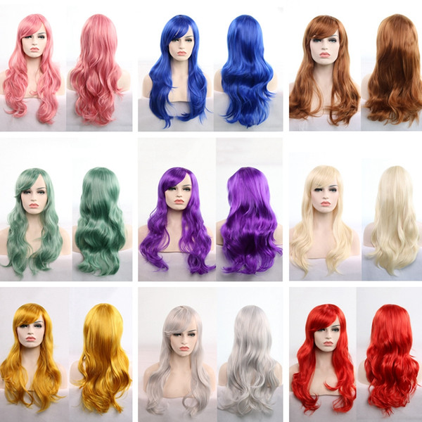 Long Wavy Cosplay Wig Red Green Purple Pink Black Blue Sliver Blonde Brown 70 Cm Synthetic Hair Wigs