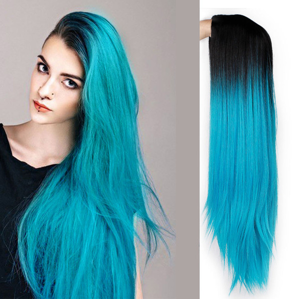 Ombre Blue Green Straight Long Synthetic Wigs For Women Black Pink Wigs 24 inch can be Cosplay Wigs Heat Resistant