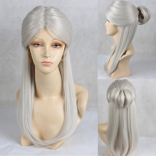 Long Straight Synthetic Hair Silver Gray Full wig Cosplay Wigs