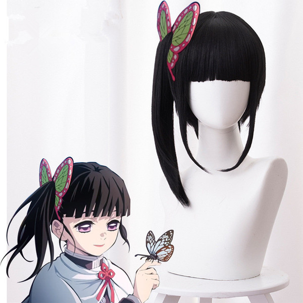 Demon Slayer Cos Synthetic Wig Cosplay Tsuyuri Kanawo of Kimetsu No Yaiba Black Human Hair Wigs Fast Shipping