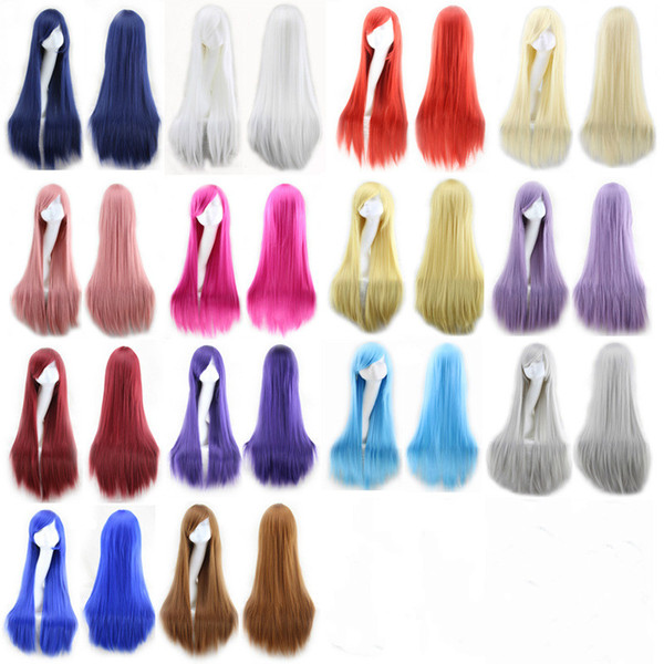 80cm Long Straight Hair Wig COS Harajuku Cartoon Color Female Oblique Bangs Cosplay Wig Wholesale Spot