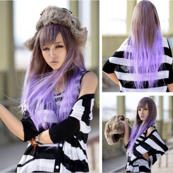 Cosplay Cartoon Hair Wigs Ombre Color Brown And Purple Girls Straight Long Fluffy Colorful Hair Female