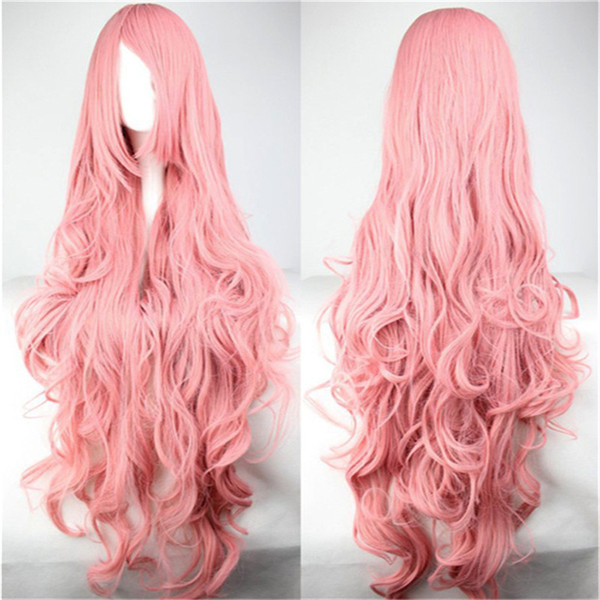 women hair wigs harajuku ombre pastel long pink wavy curly wig oblique bangs 100cm wig cosplay heat resistant synthetic wigs