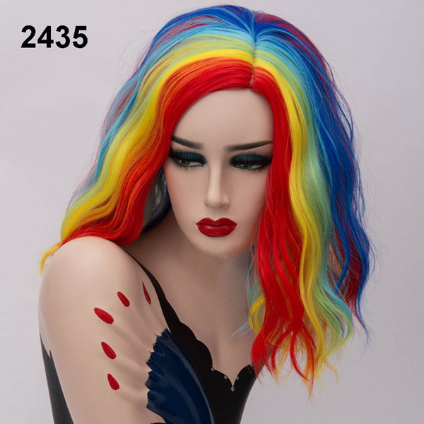 Short Cosplay Wigs for Women Rainbow Color Wavy Wigs Side Central Hairline Natural Cos Hair Wig Rose Net Ombre Hair