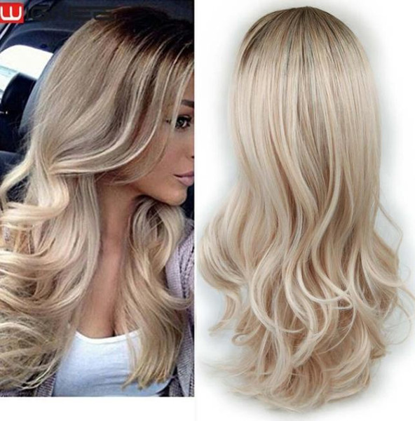 Long 2 Tone Ombre Brown Ash Blonde Temperature Synthetic Wigs For Black/White Women Glueless Wavy Daily/Cosplay Hair Wig