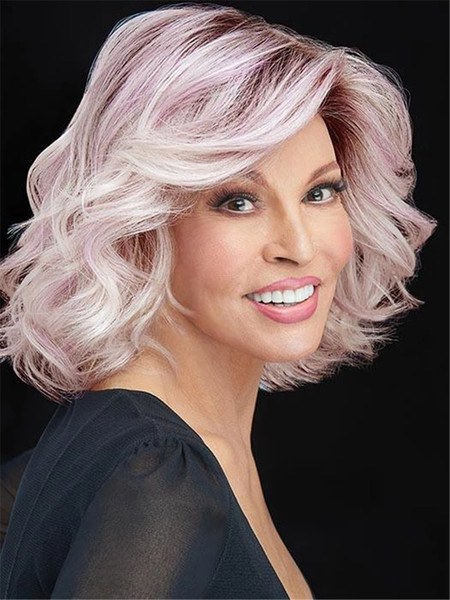 Cosplay Wigs Black Gradient Pink Purple Short Curly Hair for European and American Women 35 cm Long