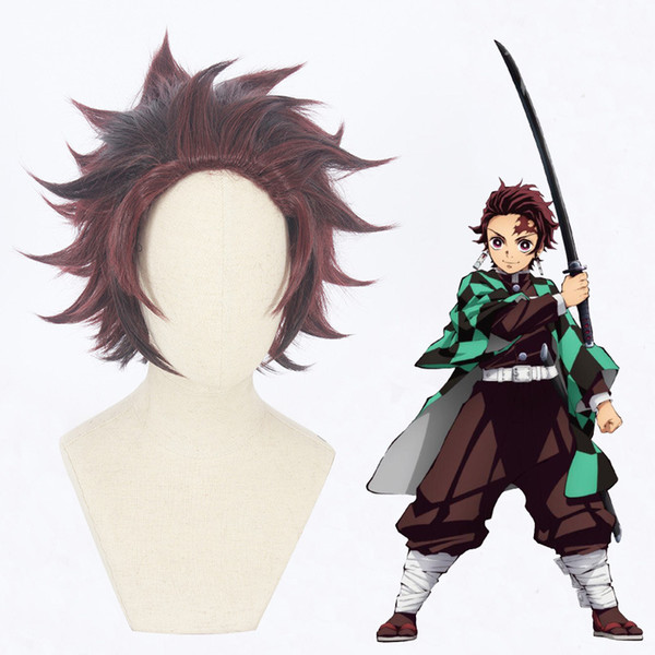 Demon Slayer Cos Synthetic Wig Kamado Tanjirou Inosuke of Kimetsu No Yaiba Dark Red Human Hair Wigs