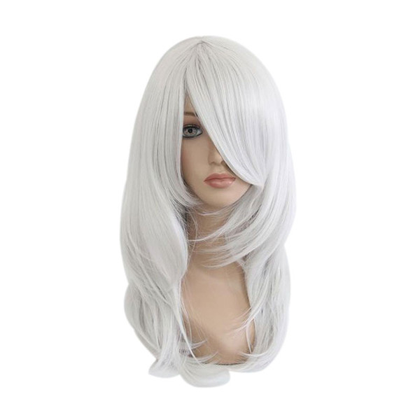 Mcoser 55cm Medium Synthetic Wavy Silvery White Cosplay Costume Wig 100 % High Temperature Fiber Hair Wig -058a