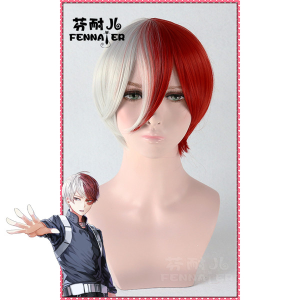 My hero college, stunned cosplay wig, red and white styling, men's