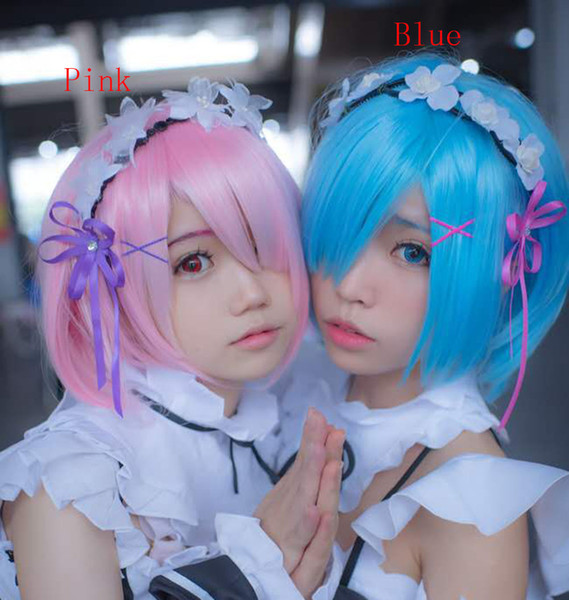 Girls Ram Rem Short Blue Pink Anime Short Hairs Cosplay Wig