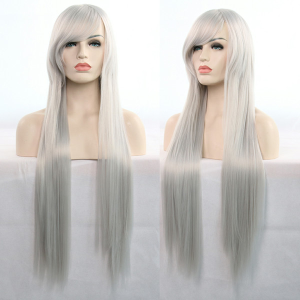 Women'sFashion 80cm long hair silver white front wig side part long natural straight heat resistant synthetic hair replacement wig female