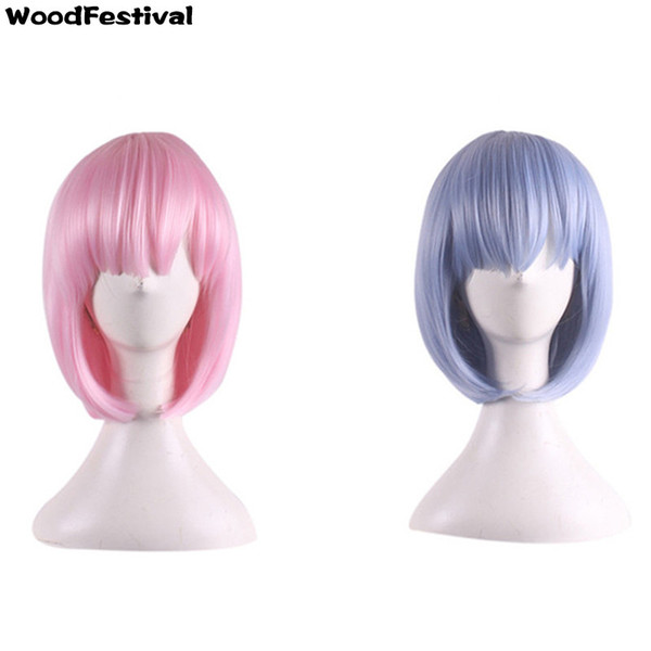 WoodFestival pink blue anime wigs short straight bob wig cosplay zero ram rem wig heat resistant fiber synthetic hair wigs