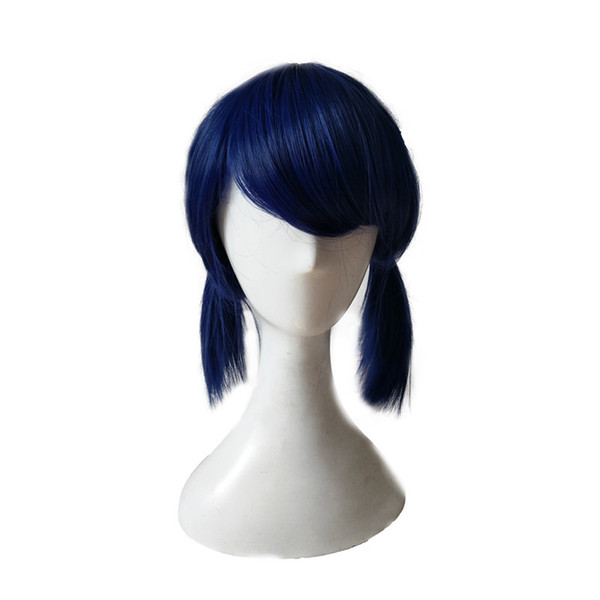 WoodFestival ladybug wig double ponytail braids wigs navy blue short straight synthetic wig women cosplay hair bangs