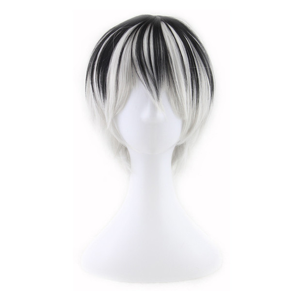 WoodFestival men wigs natural heat resistant men anime wig short straight hair two tone black and white synthetic hair wigs fiber cosplay