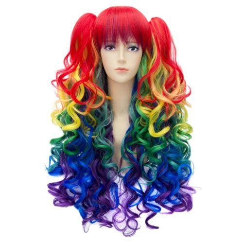 peruvian glueless full lace human hair wigs lace front wigs for>>>Fashion Women Rainbow wigs long curly way wig 2 ponytails party cosplay wi