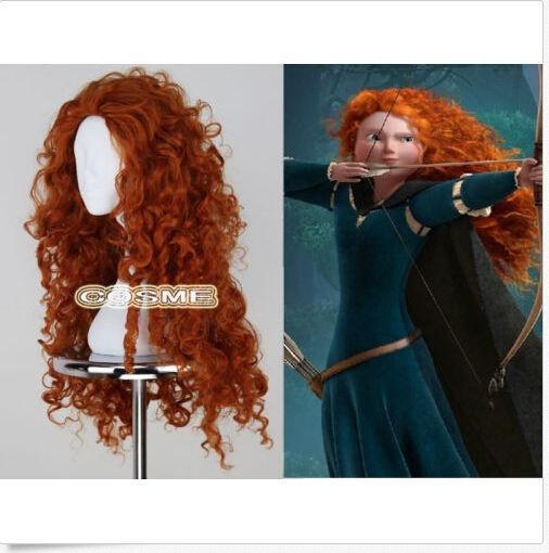 wholesale fast free shipping Fine Women Fashion Long Heat Resistant Orange Wig Brave Merida Cosplay Anime Full Wig