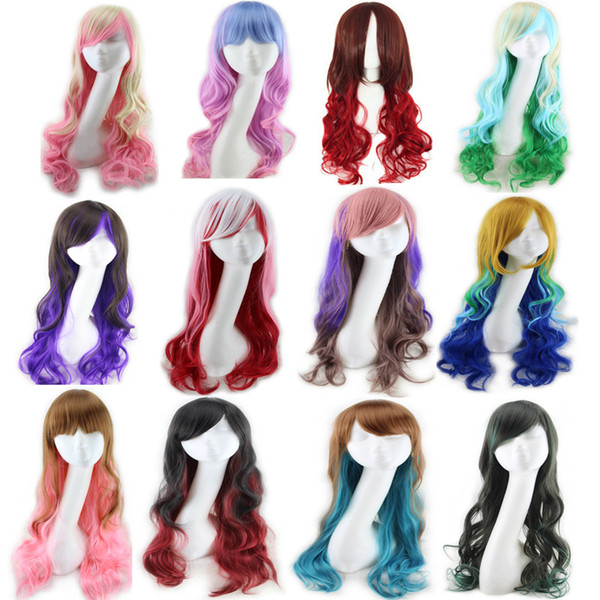 Long wavy ombre color ladies synthetic hair wig,green rainbow color japanese kanekalon fibre anime cosplay wig peruca