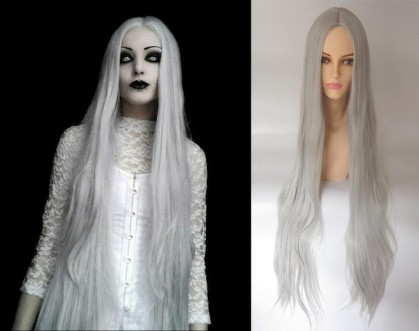 DELUXE HALLOWEEN EXTRA LONG GREY WHITE GHOST HEAT RESISTANT COSTUME WIG