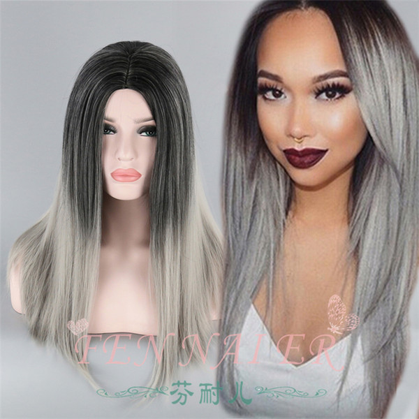 Black and gray mixed gradient European and American wig 70 cm in the long straight hair cosplay wig B305