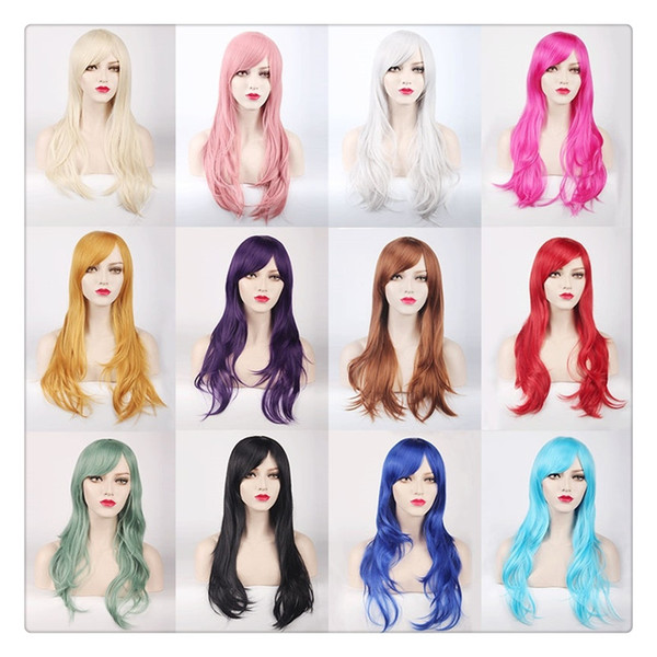 Women 70cm Long Curly Hair Sexy Cosplay Wig Oblique Bang Heat Resistant Hair Ombre Body Wave High Quality