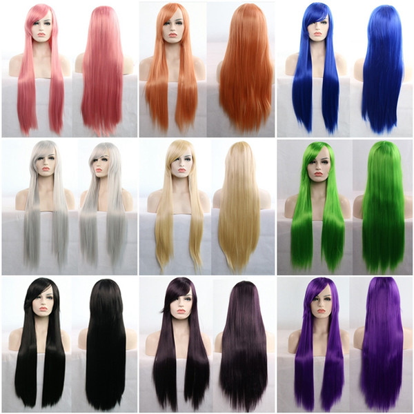 Long Straight Cosplay Wig Black Purple Pink Blue Sliver Gray Blonde White Orange Brown 80 Cm Synthetic Hair Wigs