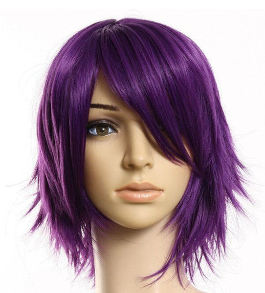 100% New High Quality Fashion Picture full lace wigs Fashion Lady Short Purple Straight Wig New Cosplay Party Men's Women Full Wigs