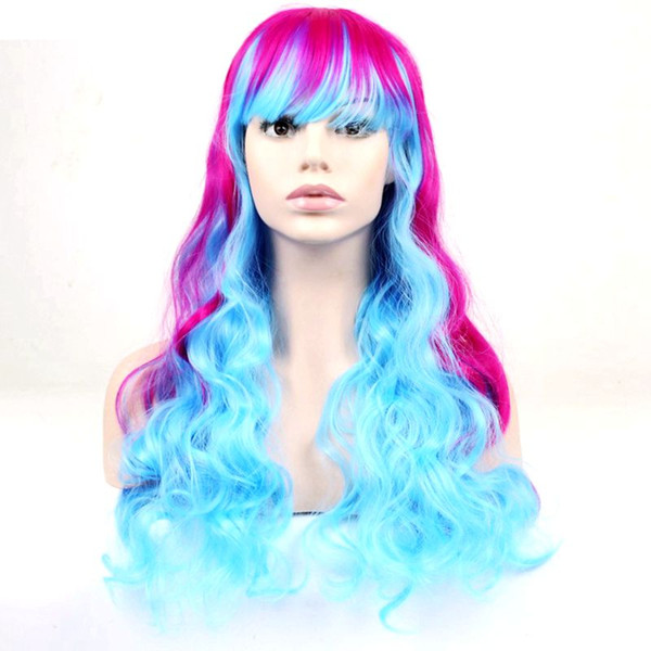 Long Curly Girls Ombre Hair Cosplay Costume Party Synthetic Wigs Purple Red Blue Highlight Mixed Color 60cm Women wig