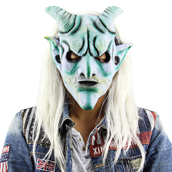 Scary Funny Silver Horn King Ghost Mask With Long Wig Haunted House For Masquerade Halloween Cosplay Costume Party Bar Halloween