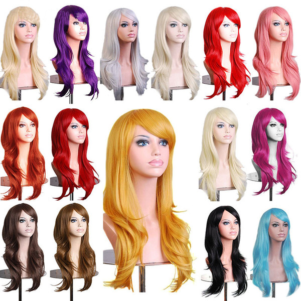 Long Wavy Cosplay Wigs Fake Bangs 13 Colors Pink Black Green Brown Blonde Women Wig Heat Resistant Synthetic Hair