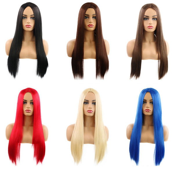 Long Straight Wig Black Lt.brown Red Blue Dk.brown Lt.gold 65 Cm Synthetic Hair Wigs