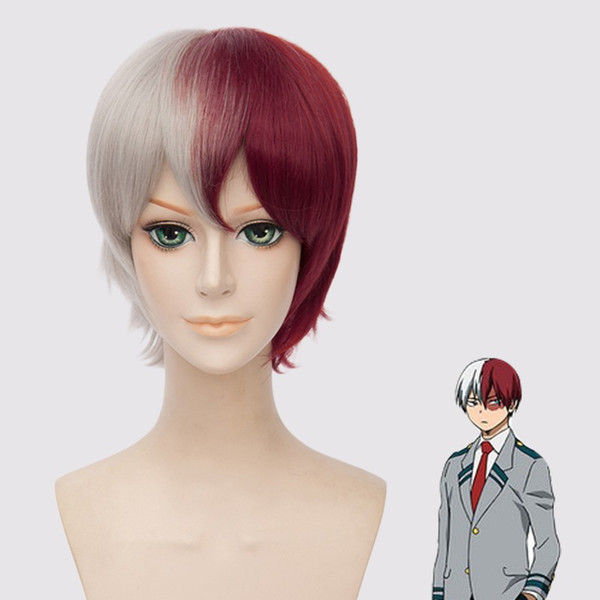 6inch Anime White and Red Cosplay Wig Synthetic Wig for My Hero Academia Red and White Party Wigs