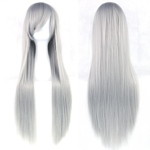 hanzi_beauty 24 Colors 80cm Long Women Wig Heat Resistant Pink Gray Straight Cosplay Wigs