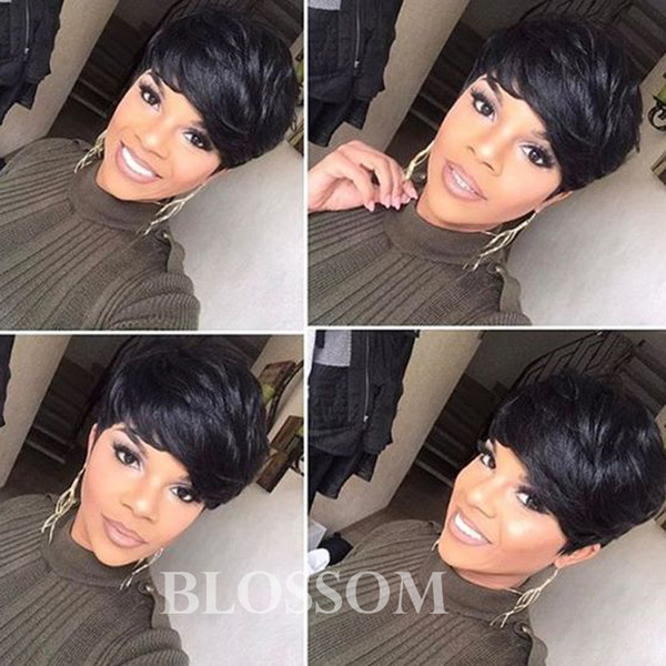 100% Human Hair Layered Short Cut Wigs Black Hair Short Bob Glueless Pixie Cut Wigs for Women can be washed and curled