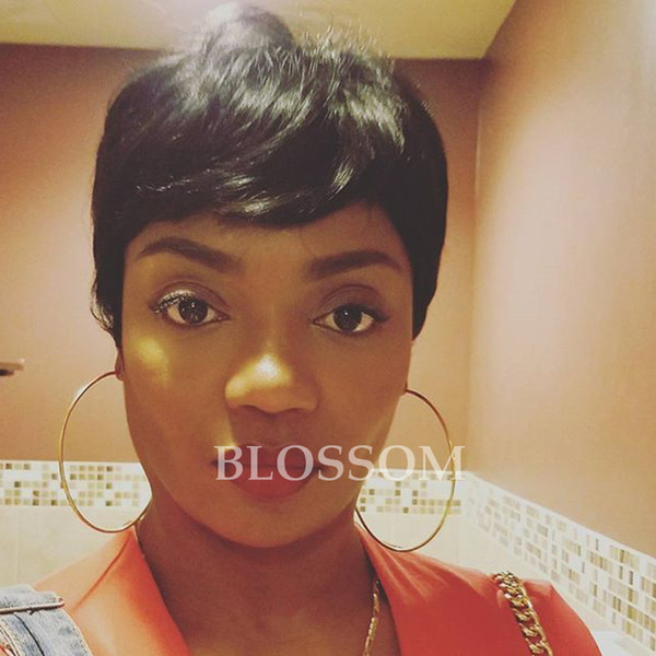 2017 New Pixie Cheap Human Cut Hair Wig Rihanna Black Short Cut Wigs For Black Women African American Celebrity Wigs Hot Sale