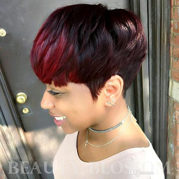 Short Human Hair Wigs Red Highlight Bangs Pixie Cut Capless Human Hair Wigs for Black Woman