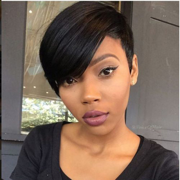 African American Short Pixie Wigs For Women Glueless Brazilian Human Hair Cheap None Lace Front Pixie Wig With Side Bangs