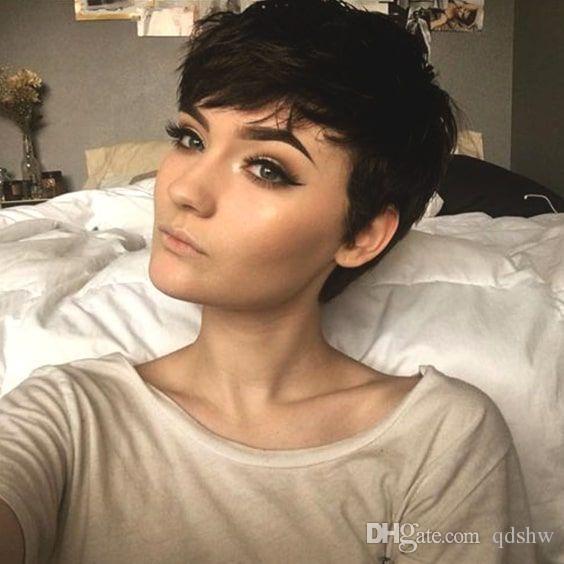 Short Pixie Wigs Straight Hair Glueless Black Color Pearl Short Pixie Cut Human Hair None Lace Front Wig For Black Women