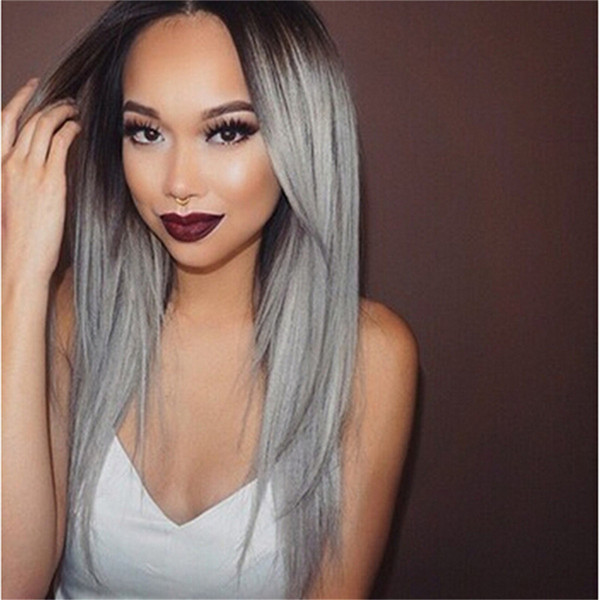 Women's Wigs Silver/Black Ombre Bob Long Straight Synthetic Capless Full WIG Grey Ombre Long Wig - Silver wigs Dark Roots Long wigs kabell